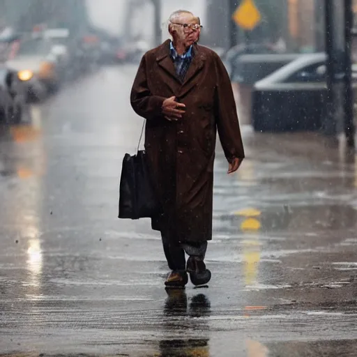 Image similar to an elderly man wearing a brown coat walks across the rainy streets of new york