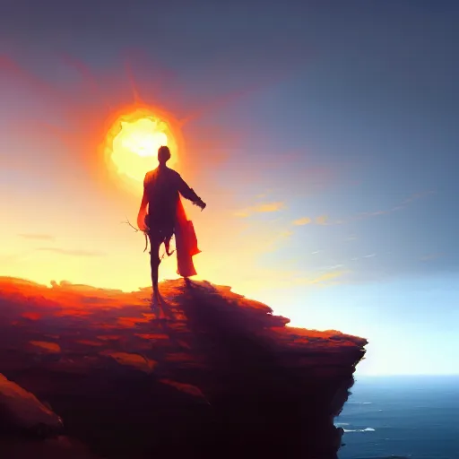 Image similar to a man sitting on a cliff watching the sun explode, painting, digital art, harsh lighting, 4 k hd wallpaper, trending on art station, art by greg rutkowski and andreas rocha, 8 k