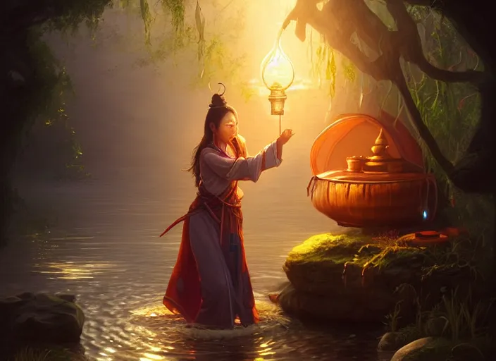 Image similar to full portrait of asian mage merchant doing water magic at her tent. intricate, elegant, highly detailed, digital painting, artstation, concept art, smooth, sharp focus, illustration, by justin gerard and artgerm, 8 k