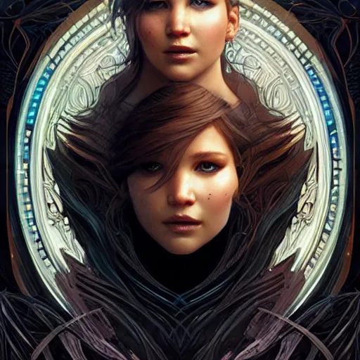 Image similar to beautiful ethereal cyberpunk jennifer lawrence, art nouveau, fantasy, intricate binary and electronic designs, elegant, highly detailed, sharp focus, art by artgerm and greg rutkowski and wlop