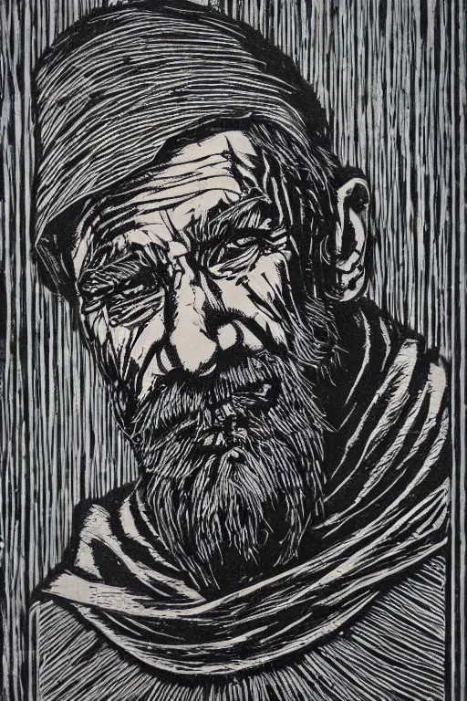 Prompt: a beautiful woodcut print of an old man, 8 k, frostbite 3 engine, cryengine, dof, trending on artstation, digital art, crepuscular ray, art by roy l davies and tugboat printshop