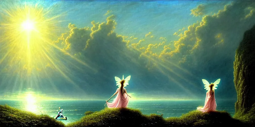 Image similar to an elegant fairy queen in a blue lace dress dancing looking out at a lord of the rings scenery landscape, staring across the sea at a white sail boat, sunrise, god's rays highly detailed, vivid colour, soft clouds, floral sunset, cinematic lighting, perfect composition, gustave dore, derek zabrocki, greg rutkowski, belsinski