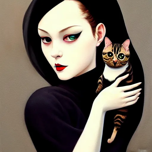 Image similar to a painting of a woman holding a cat, a photorealistic painting by tran nguyen and ilya kuvshinov, featured on deviantart, gothic art, goth, gothic, detailed painting