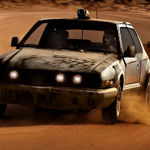 Image similar to velociraptor mongoliensis as a subaru impreza in mad max, photorealistic hdr 8 k