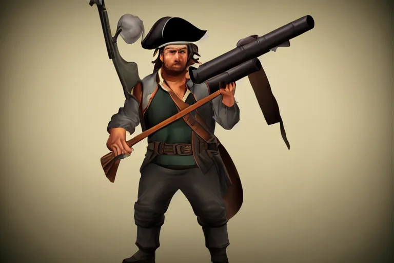 Prompt: masculine man with a pirate hat holds a bazooka, game character design