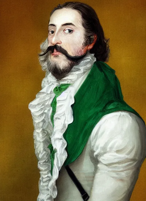 Prompt: a french baron at 4 0 years old, long hair, wear an elegant mustach, white scarf, green shirt, by artgem, digital art, highly detailled