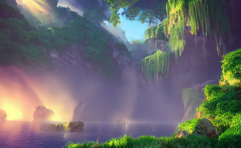 Image similar to a beautiful and stunning professional digital artwork of a humongous gold cave, haze, waterfall, volumetric lighting, hyperrealistic, green, blue, sunset, unreal engine 5, ultra detail