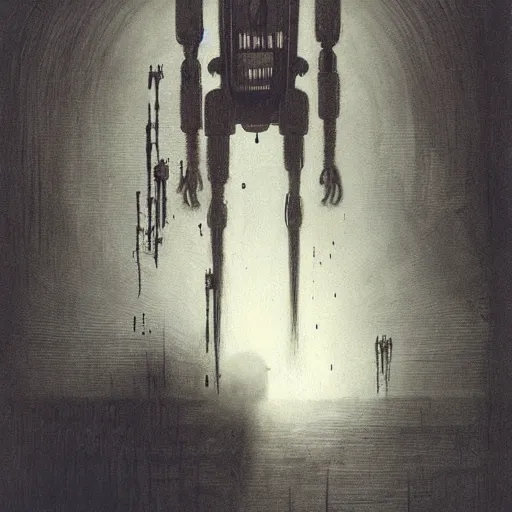 Prompt: robot ghost, by Stephen Gammell and Beksinski and Stalenhag.