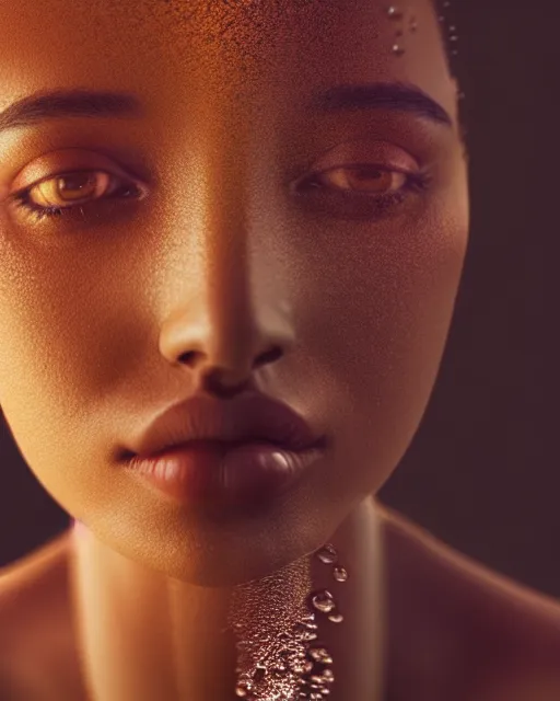 Image similar to photo half body portrait of very beautiful woman, face emerging from pool of water, brown skin, realism, extreme detail, real life, key art, soft light, volumetric light, 3 - d shadows, photo by james jean and wlop, photoshoot