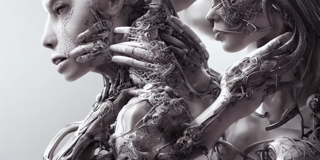 Image similar to hyper realistic photography of a stunningly cyborg female, intimate, holding close, in the style of beth cavener, jin kagetsu,, and wlop, highly detailed, intricate filigree, chrome face symmetry, masterpiece, award - winning, sharp focus, concept art, high key, ambient lighting, 8 k, octane render,