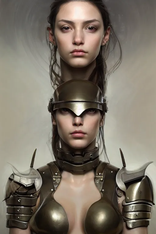 Image similar to a photorealistic painting of an attractive young girl, partially clothed in dull metal-plated battle armor, olive skin, long dark hair, beautiful bone structure, symmetric facial features, perfect eyes, natural physique, intricate, elegant, digital painting, concept art, finely detailed, illustration, sharp focus, minimal artifacts, from Metal Gear, by Ruan Jia and Mandy Jurgens and Artgerm and William-Adolphe Bouguerea, in the style of Greg Rutkowski, trending on Artstation, award winning