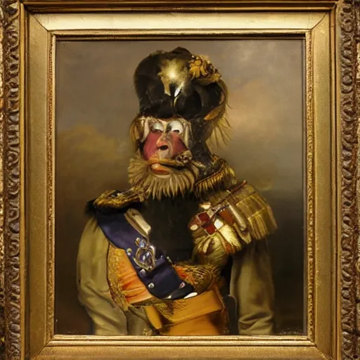 Image similar to An exquisite oil painting of a orangutan dressed like a bearded Napoleon with full military uniform, no frames