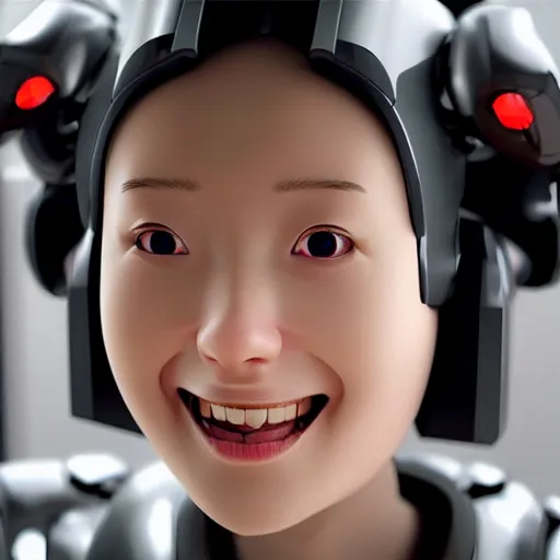 Prompt: portrait of a cute beautiful neural robot with camera eyes big visible brain smiling, in focus, hd, 4 k, ueda akishi