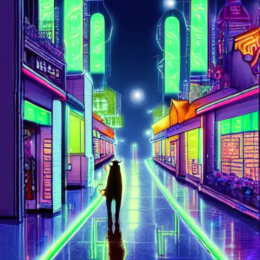 Prompt: A loan cat is walking in a beautiful neon city at night time, artistic digital art, trending on art station, extremely detailed, symmetrical