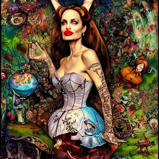 Prompt: angelina jolie in alice in wonderland tripping on lsd, intricate detail, painting, royo, frazetta, whealan,