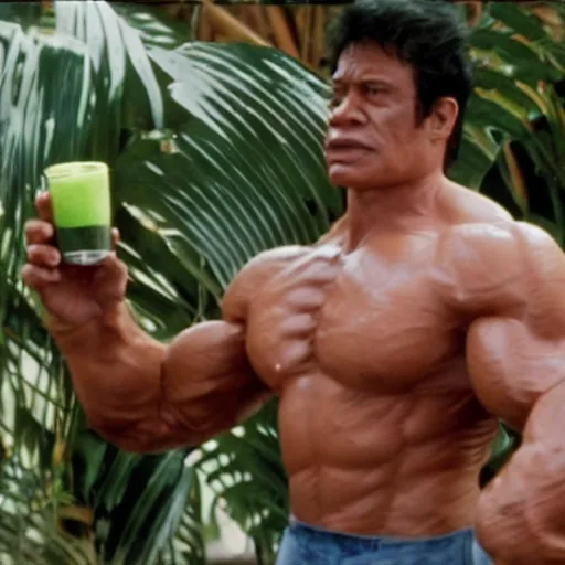 Image similar to a film still of hulk drinking coconut water