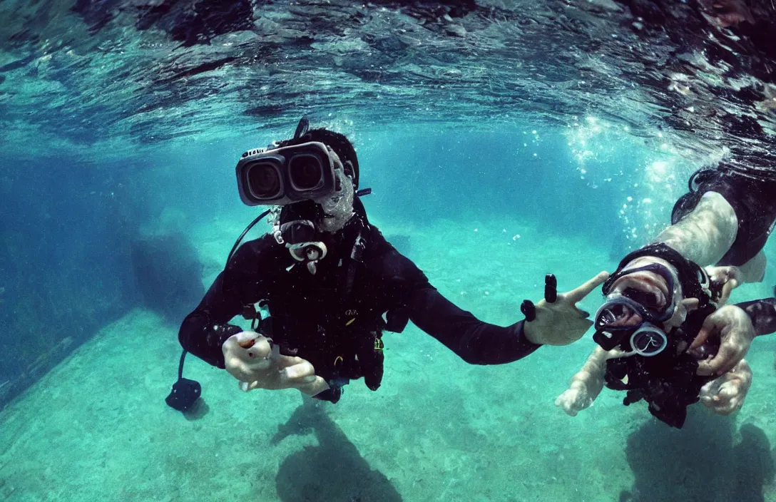 Prompt: Underwater go pro photo of someone finding a bomb underwater, detailed photo