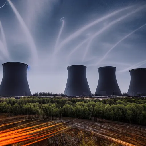 Image similar to Chernobyl cooling towers, blue glow, nuclear explosion, CG Society, 4k, 8k