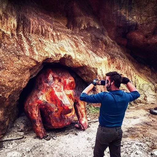 Prompt: “colur photo an homo Neanderthal taking a photo with his iPhone in front of a cave to a rusted pork on the fire, photoreal photojournalism, National Geographic style”