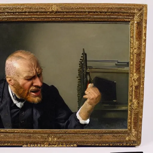 Image similar to an angry man yells at his computer monitor, oil on canvas, 1 8 8 3, highly detailed