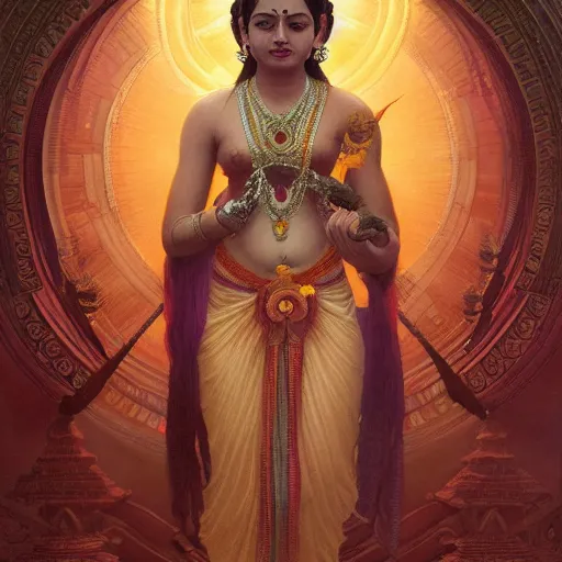 Prompt: Hindu Goddess as a fullbody, intricate, cute, highly detailed, happiness, adorable, artstation, concept art, smooth, sharp focus, illustration, art by greg rutkowski and orientalism and bouguereau and Zdzislaw Beksinski, good clear quality, lighting, biology, symmetrical artwork, perfect face, 135 mm, cinematic, hyper realism, high detail, octane render, 8k, chrome accents