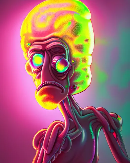 Image similar to hyperrealist highly intricate neo-rococo pink iridescent exoskeleton beautiful Rick and Morty concept art pascal blanche key sage dramatic yellow lighting 8k low angle shallow depth of field