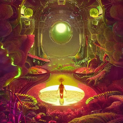 Image similar to alien cinematic geometric lush mirror art, integrated plants landscape geometry 8 k sharp focus sacred by moebius, andreas franke, james christensen, victo nagi, artgerm