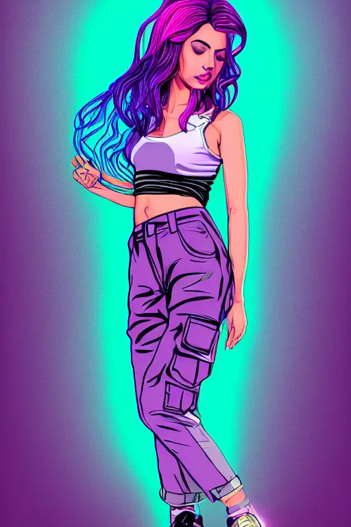 Image similar to a award winning half body portrait of a beautiful woman in a croptop and cargo pants with ombre purple pink teal hairstyle and hands in pockets by ari liloan, surrounded by whirling illuminated lines, outrun, vaporware, shaded flat illustration, digital art, trending on artstation, highly detailed, fine detail, intricate