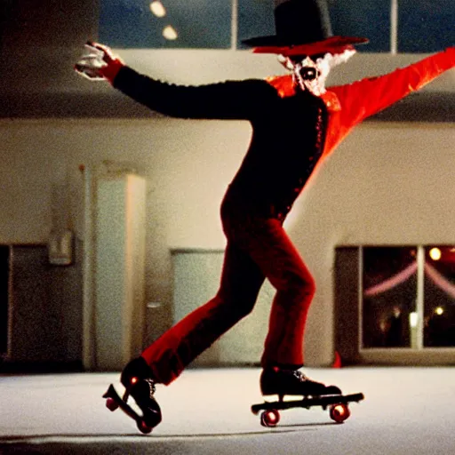 Prompt: freddy krueger rollerskating party, movie still