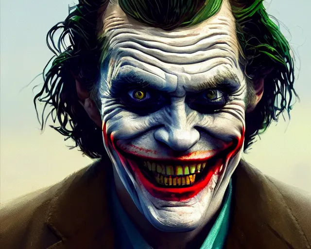 Prompt: highly detailed portrait of willem dafoe as the joker, in gta v, stephen bliss, unreal engine, fantasy art by greg rutkowski, loish, rhads, ferdinand knab, makoto shinkai and lois van baarle, ilya kuvshinov, rossdraws, tom bagshaw, global illumination, radiant light, detailed and intricate environment