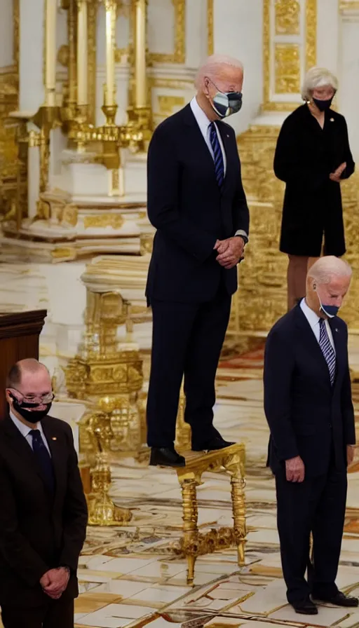 Image similar to smiling biden with closed eyes praying in a russian church