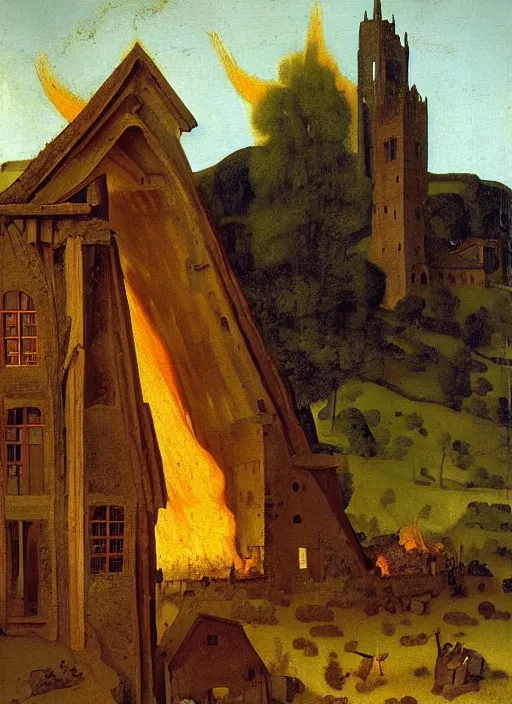 Prompt: medieval barn on fire, fire, wildfire, medieval landscape, medieval painting by jan van eyck, johannes vermeer, florence