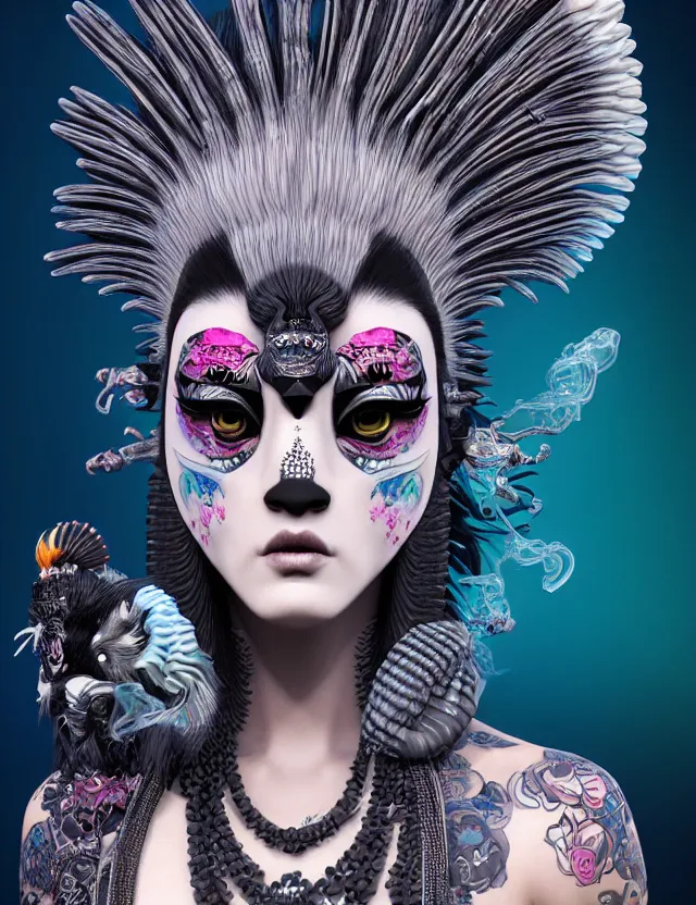 Image similar to 3 d goddess close - up profile portrait punk with mohawk with ram skull. beautiful intricately detailed japanese crow kitsune mask and clasical japanese kimono. betta fish, jellyfish phoenix, bio luminescent, plasma, ice, water, wind, creature, artwork by tooth wu and wlop and beeple and greg rutkowski