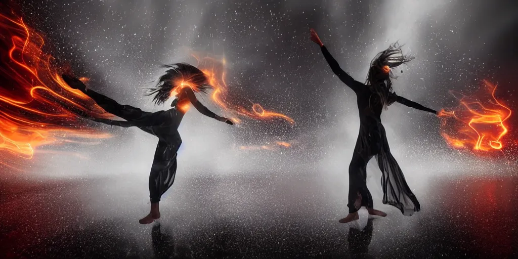 Image similar to slow motion with trail effect of futuristic break dancer wearing floating long dress and emitting fire, long exposure shot , at night in the middle of a rainy street, paddle of water, steam, fog, water splashes, rim lights, glossy reflections, water droplets on lens, octane render, dark and dramatic, explosion in the background, detailed and soft, fisheye