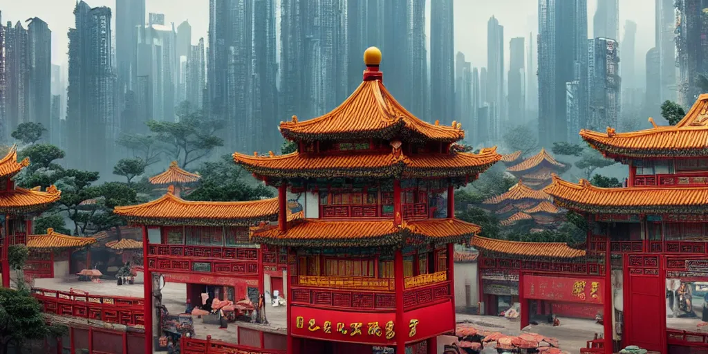 Prompt: a very high resolution image from a new movie, upside - down old chinese pavilion and cyberpunk city, beautiful scenery, photorealistic, photography, directed by wes anderson