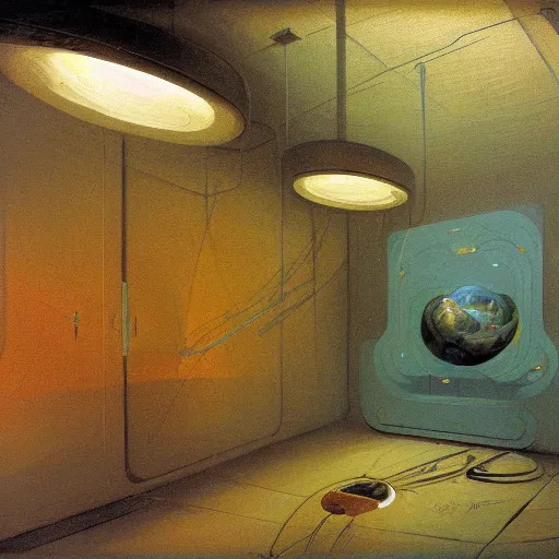 Prompt: painting of syd mead artlilery scifi organic shaped empty room, fossil ornaments, rainbow volumetrics, andreas achenbach, beksinski