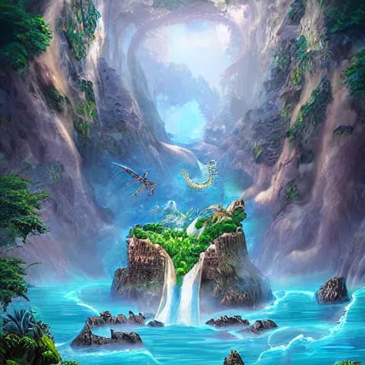 Image similar to floating islands with waterfalls and dragons, digital art, aesthetic, astonishing detail