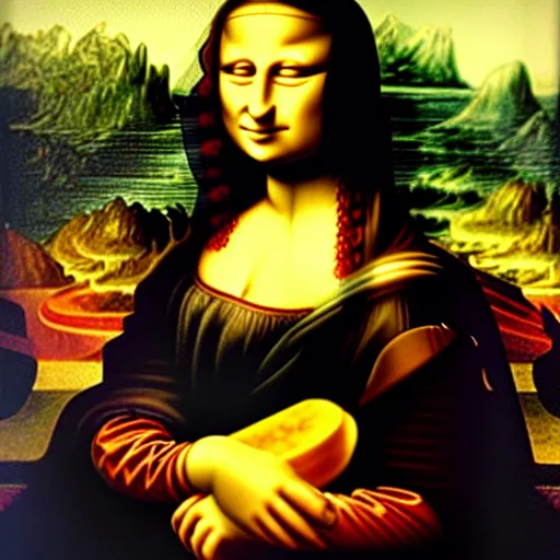 Image similar to mona lisa holding a banana, oil in canvas