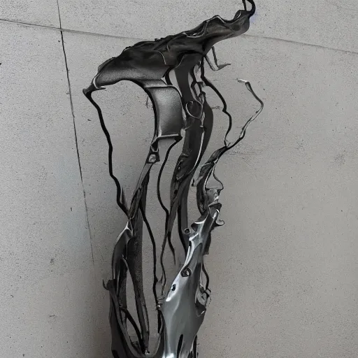 Image similar to liquid forms in metal abstract sculpture cyberpunk on concrete