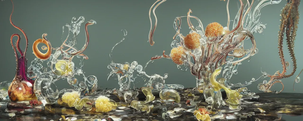 Image similar to ultradetailed photorealistic still life with jelly flowers by ernst haeckel, caravaggio, roger dean and andrei tarkovsky, slime and tentacles, wide angle, minimalistic cinematic composition, octane render, bokeh, unreal engine, 4k, 3d render