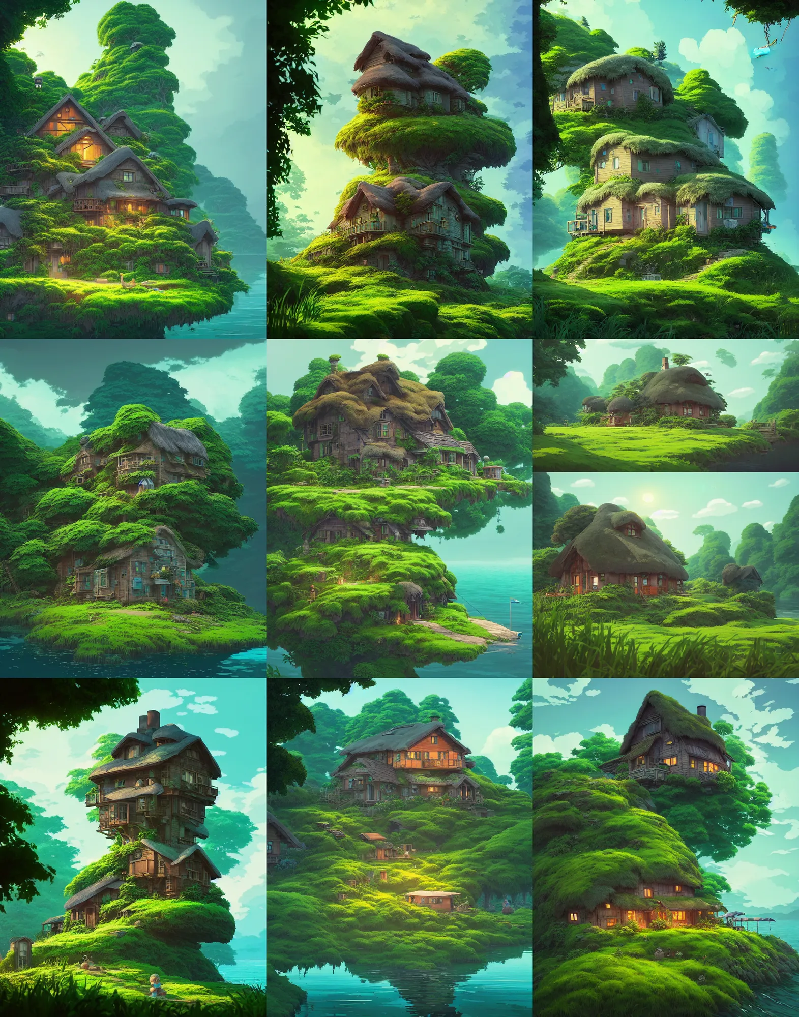 Prompt: Cottage in the small island by Studio Ghibli, solarpunk, green technology, optimist future, green fields, by Asher Durand and Tooth Wu and wlop and dan mumford and greg rutkowski and nekroxiii, intricate artwork, octane render, cinematic, hyper realism