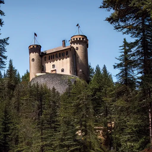 Prompt: a medieval castle on a mountainside, forested, style by wes anderson