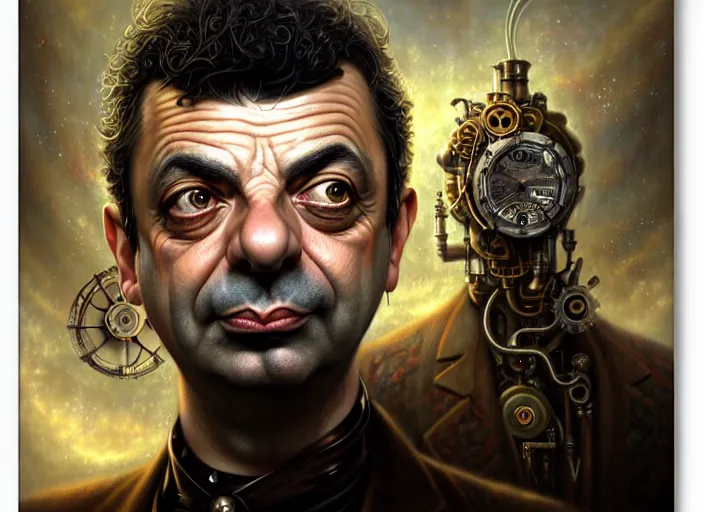 Image similar to steampunk portrait of rowan sebastian atkinson, fractal background, by tomasz alen kopera and peter mohrbacher