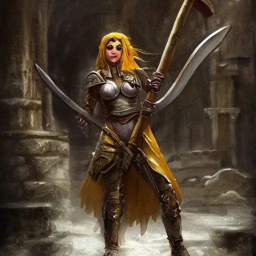 Prompt: Woman with yellow eyes wielding an axe inside a decaying ancient fantasy temple. She wears a rusty silver armor, trending on artstation, dark fantasy, concept art