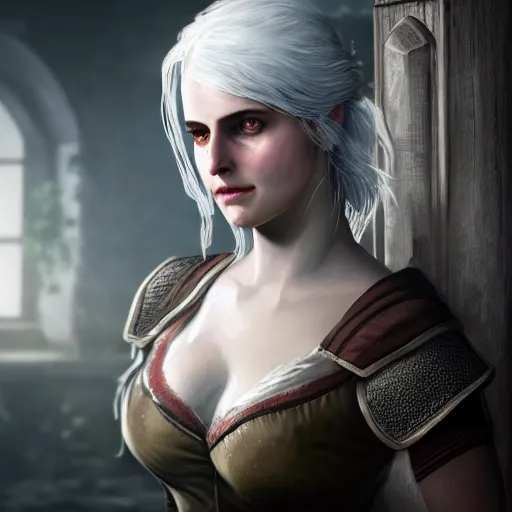 Image similar to Concept art of Ciri from the Witcher 3 in wooden bath, 8k, uhd