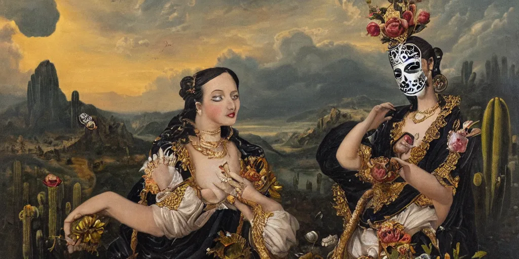 Image similar to antique oil painting of a woman with metalic gold skeleton mask, wearing white and black virgin attire wearing an aureola made of gold, cactus and pearls over the head, holding a rose in a hand, with warm sunset backlight reflecting on a whirlpool of clouds forming acircular background. sunset light. beneath there's a barren land with serpents.