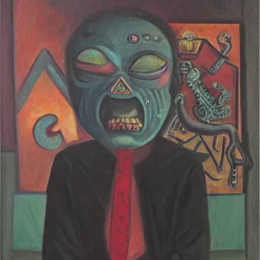 Image similar to portre of an autistic demon on acid, masonic and kabalistic symbols in background, oil painting