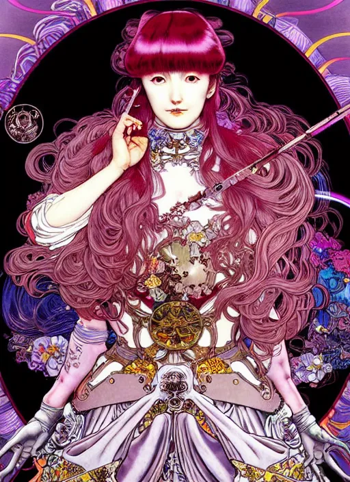 Image similar to artstation highly detailed terada katsuya ayami kojima manga poster of princess mechine, rainbow gradient reflection, long hair, armor, dress, laces, ruffles, 8 k, maximalist,, jump comics, tomer hanuka, alphonse mucha