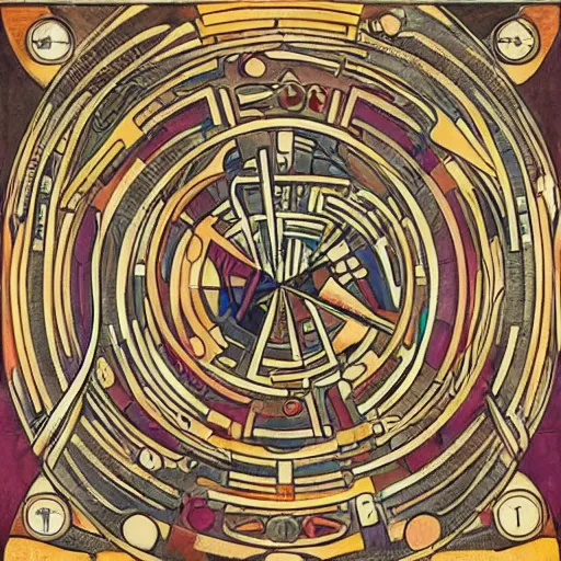 Image similar to maze labyrinth steampunk by albert gleizes and by hilma klint, hd, no border, vivid colors