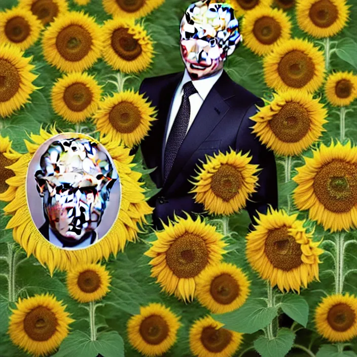 Image similar to photo portrait of Vladimir Putin - sunflowers - dressed in leisure suit with ornamental ethereal sunflower pattern, natural skin tone, highly detailed realistic flowers ornament in the upper side of breast, hair, eyebrows and wrinkles are intricate with highly detailed realistic flowers, elegant, Realistic, Refined, Highly Detailed, natural soft pastel lighting colors scheme, fine art photography by Cecil Beaton, volumetric lighting, hyper realistic photography